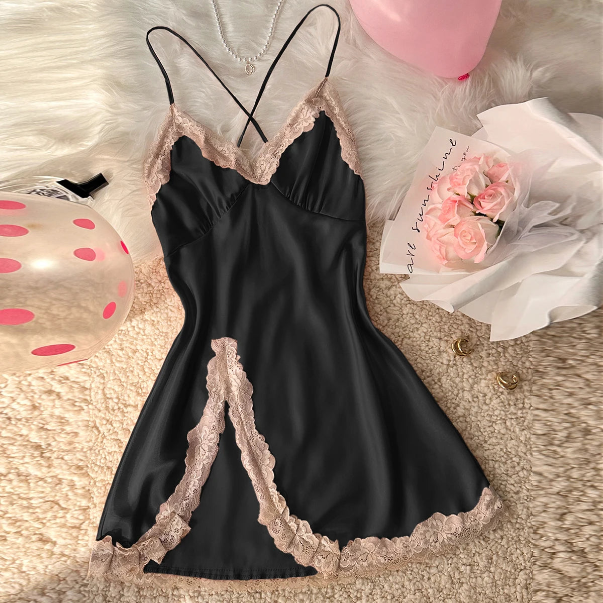 Sleep Dress Lace Trim Crisscross Back Nightgown